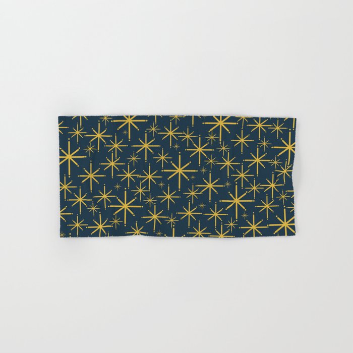 Twinkling Starbursts Mid Century Modern Atomic Pattern in Navy Blue and Light Mustard Bath Towel Gallery Image 1