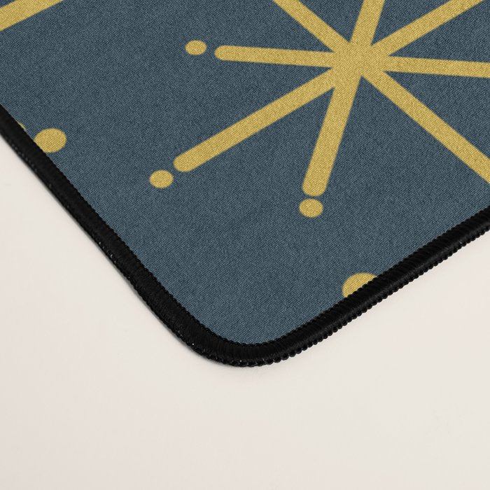 Twinkling Starbursts Mid Century Modern Atomic Pattern in Navy Blue and Light Mustard Desk Mat Gallery Image 4