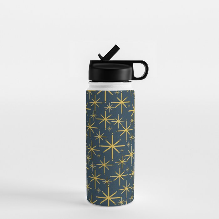 Twinkling Starbursts Mid Century Modern Atomic Pattern in Navy Blue and Light Mustard Water Bottle Gallery Image 1