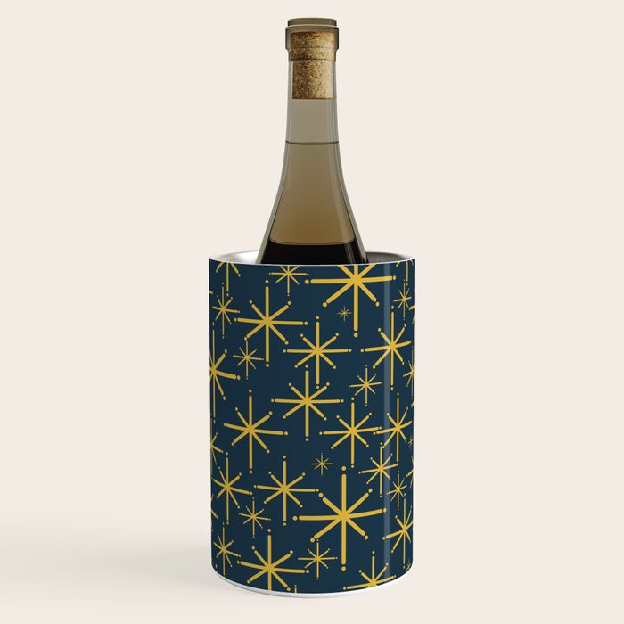 Twinkling Starbursts Mid Century Modern Atomic Pattern in Navy Blue and Light Mustard Wine Chiller Gallery Image 2