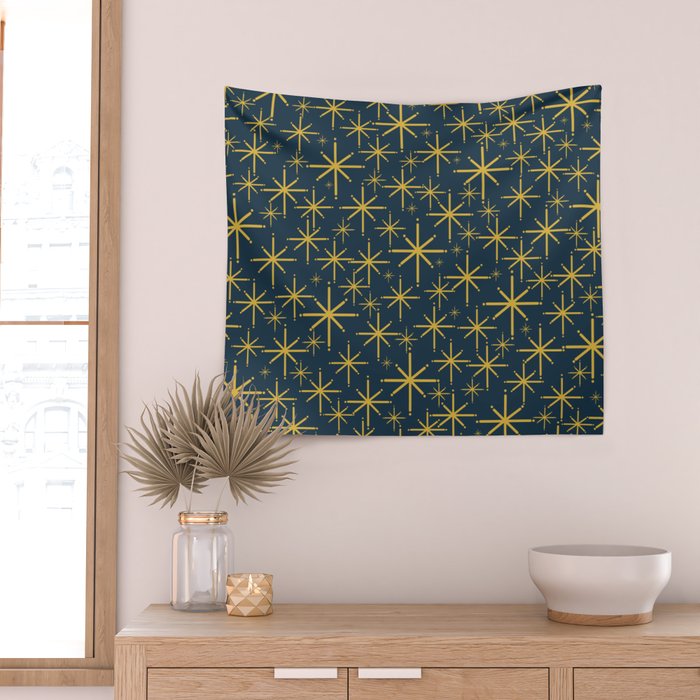 Twinkling Starbursts Mid Century Modern Atomic Pattern in Navy Blue and Light Mustard Wall Tapestry Gallery Image 2