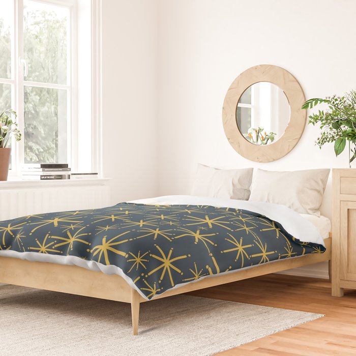 Twinkling Starbursts Mid Century Modern Atomic Pattern in Navy Blue and Light Mustard Duvet Cover Gallery Image 2