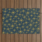Twinkling Starbursts Mid Century Modern Atomic Pattern in Navy Blue and Light Mustard Outdoor Rug Gallery Image 1
