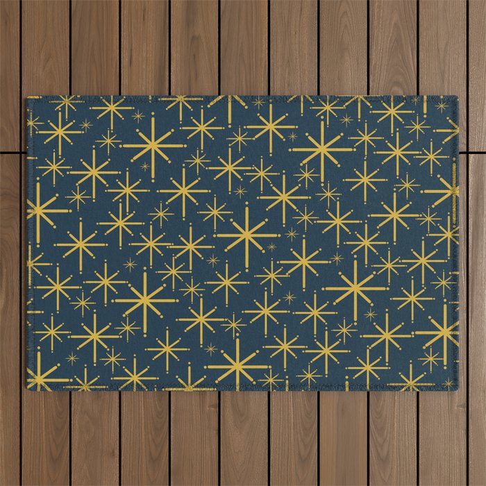 Twinkling Starbursts Mid Century Modern Atomic Pattern in Navy Blue and Light Mustard Outdoor Rug Gallery Image 1