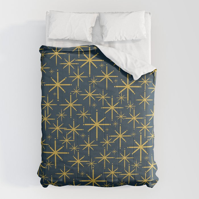 Twinkling Starbursts Mid Century Modern Atomic Pattern in Navy Blue and Light Mustard Comforter Gallery Image 1