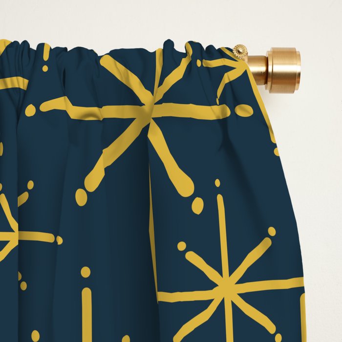 Twinkling Starbursts Mid Century Modern Atomic Pattern in Navy Blue and Light Mustard Window Curtain Gallery Image 2