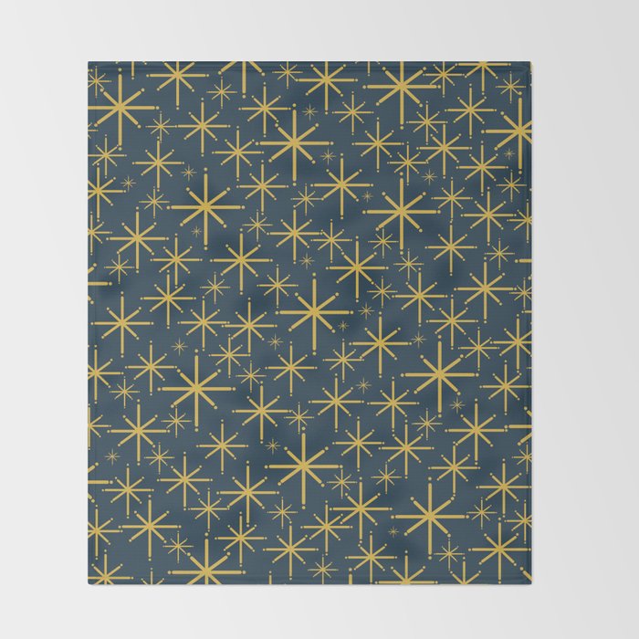 Twinkling Starbursts Mid Century Modern Atomic Pattern in Navy Blue and Light Mustard Throw Blanket Gallery Image 2