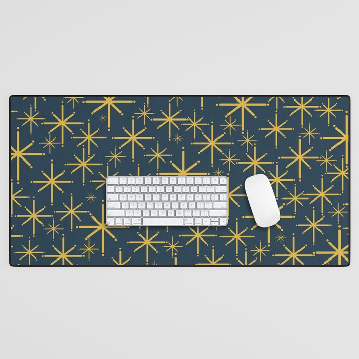 Twinkling Starbursts Mid Century Modern Atomic Pattern in Navy Blue and Light Mustard Desk Mat Gallery Image 1
