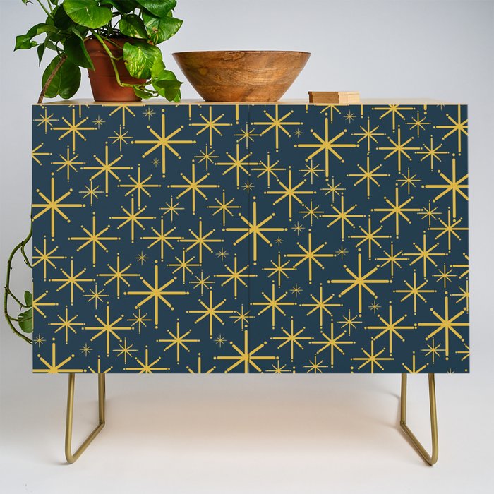 Twinkling Starbursts Mid Century Modern Atomic Pattern in Navy Blue and Light Mustard Credenza Gallery Image 1