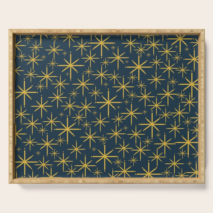 Twinkling Starbursts Mid Century Modern Atomic Pattern in Navy Blue and Light Mustard Serving Tray Gallery Image 1
