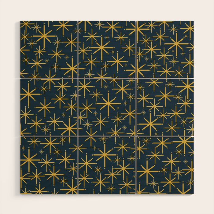 Twinkling Starbursts Mid Century Modern Atomic Pattern in Navy Blue and Light Mustard Wood Wall Art Gallery Image 1
