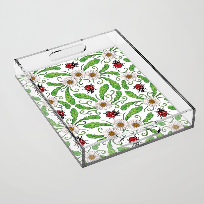Ladybugs & Daisies - Cute Floral Bug Pattern with Ladybirds Acrylic Tray Gallery Image 1