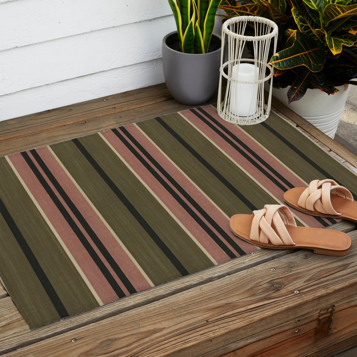 linen stripes (olive green and pink) Outdoor Rug Gallery Image 2