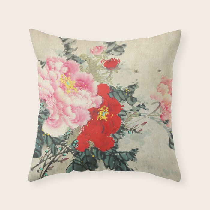 Chinese Peony Blooming Floral Art Throw Pillow Gallery Image 6