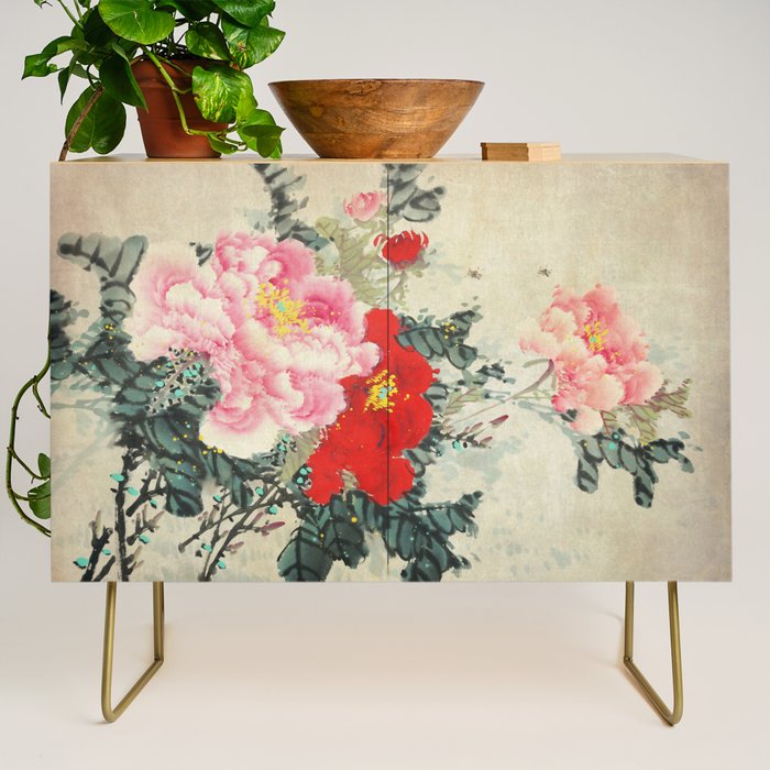 Chinese Peony Blooming Floral Art Credenza Gallery Image 1