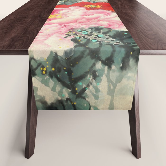 Chinese Peony Blooming Floral Art Table Runner Gallery Image 1