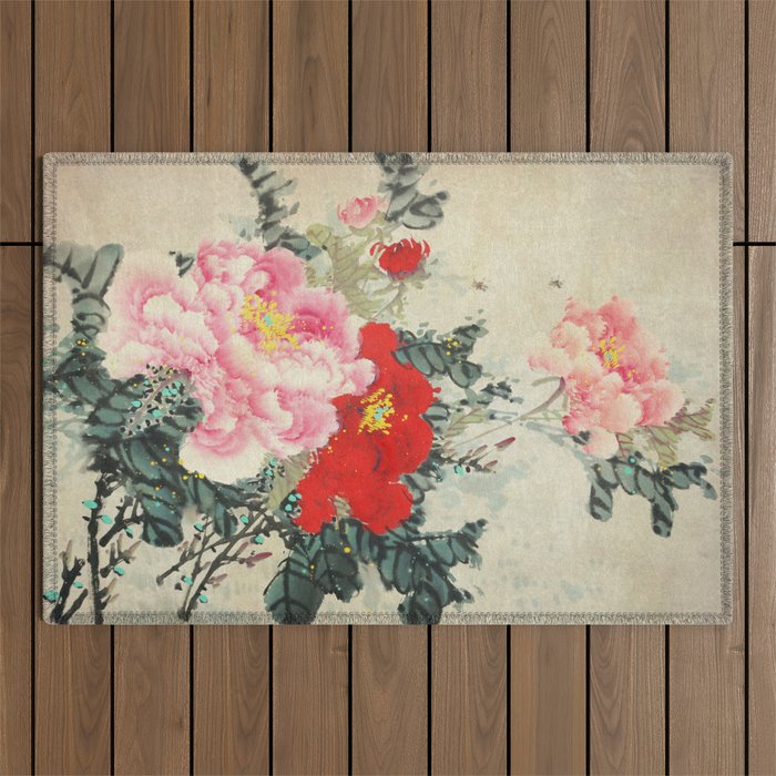 Chinese Peony Blooming Floral Art Outdoor Rug Gallery Image 1