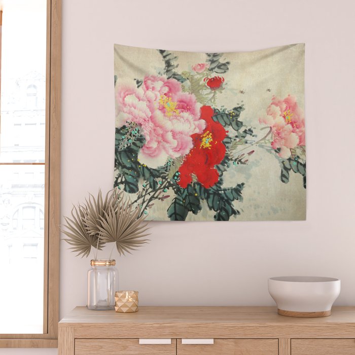Chinese Peony Blooming Floral Art Wall Tapestry Gallery Image 2