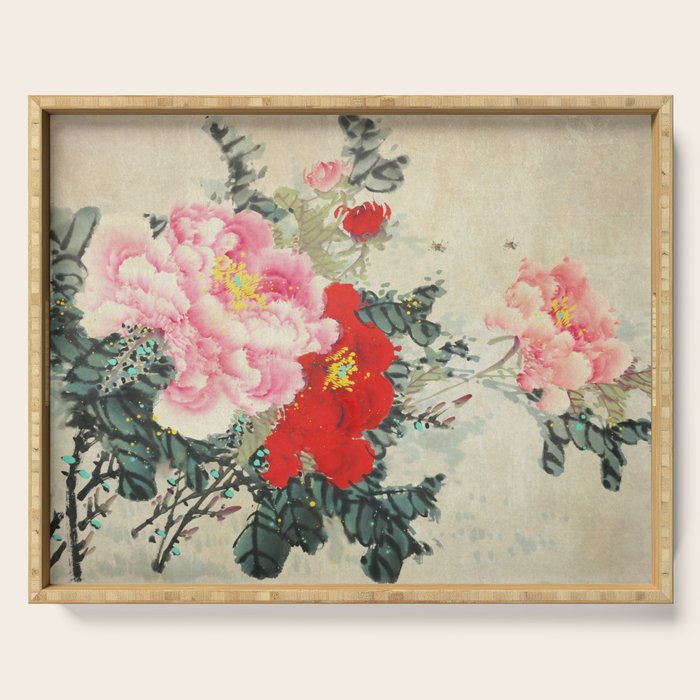 Chinese Peony Blooming Floral Art Serving Tray Gallery Image 1