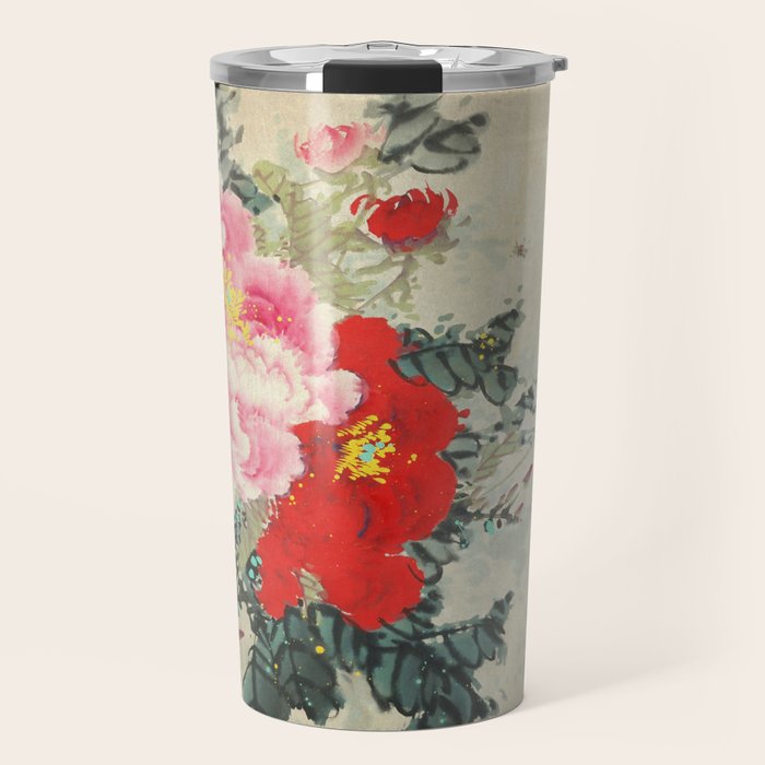 Chinese Peony Blooming Floral Art Travel Mug Gallery Image 1