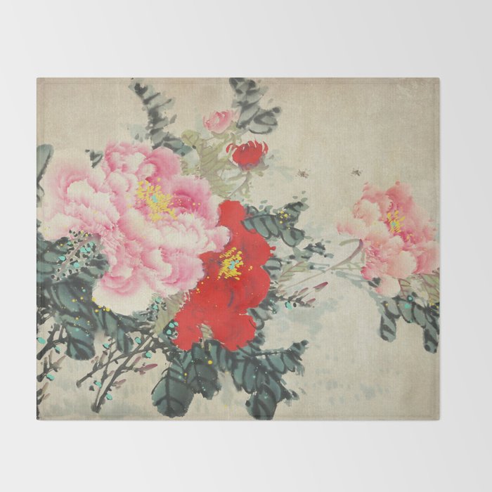Chinese Peony Blooming Floral Art Throw Blanket Gallery Image 2
