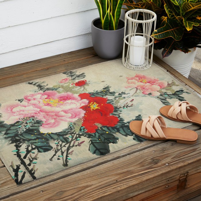 Chinese Peony Blooming Floral Art Outdoor Rug Gallery Image 2