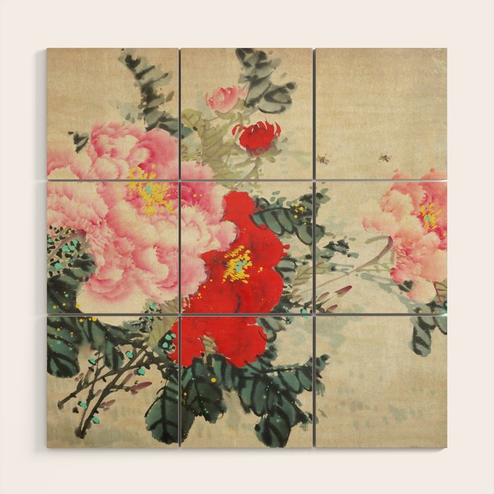 Chinese Peony Blooming Floral Art Wood Wall Art Gallery Image 1