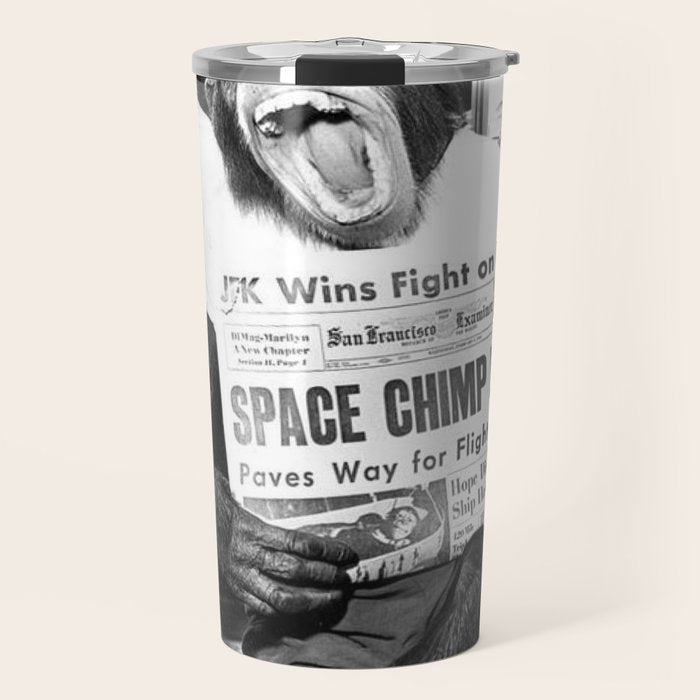 Space Chimp Lives - NASA Moon Flight black and white photograph Travel Mug Gallery Image 1