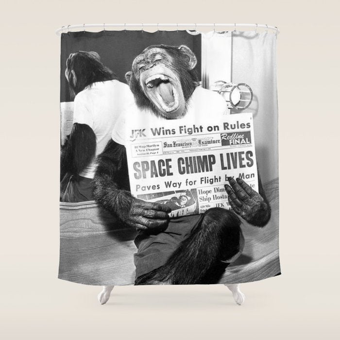 Space Chimp Lives - NASA Moon Flight black and white photograph Shower Curtain Gallery Image 1