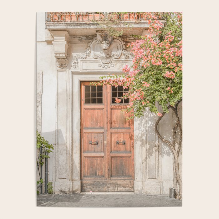 Floral Entry In Rome | Front Door Collection Travel Photography Art Print | Pink Summer Flowers In Italy Poster