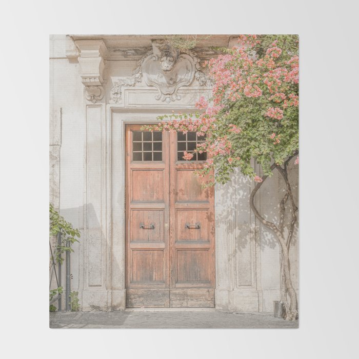 Floral Entry In Rome | Front Door Collection Travel Photography Art Print | Pink Summer Flowers In Italy Throw Blanket Gallery Image 2
