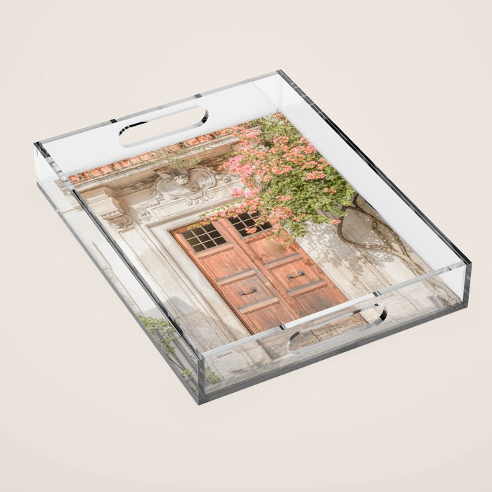 Floral Entry In Rome | Front Door Collection Travel Photography Art Print | Pink Summer Flowers In Italy Acrylic Tray Gallery Image 1