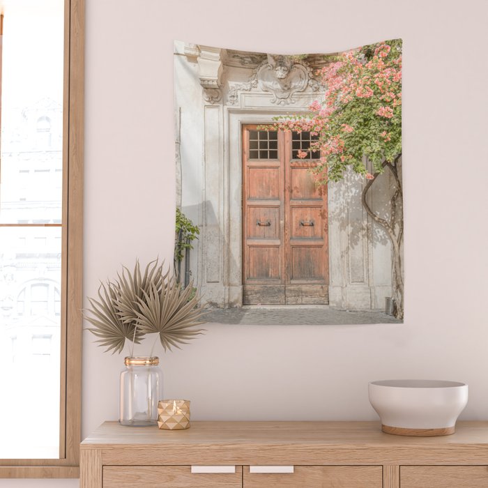 Floral Entry In Rome | Front Door Collection Travel Photography Art Print | Pink Summer Flowers In Italy Wall Tapestry Gallery Image 2