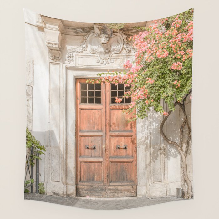 Floral Entry In Rome | Front Door Collection Travel Photography Art Print | Pink Summer Flowers In Italy Wall Tapestry Gallery Image 1