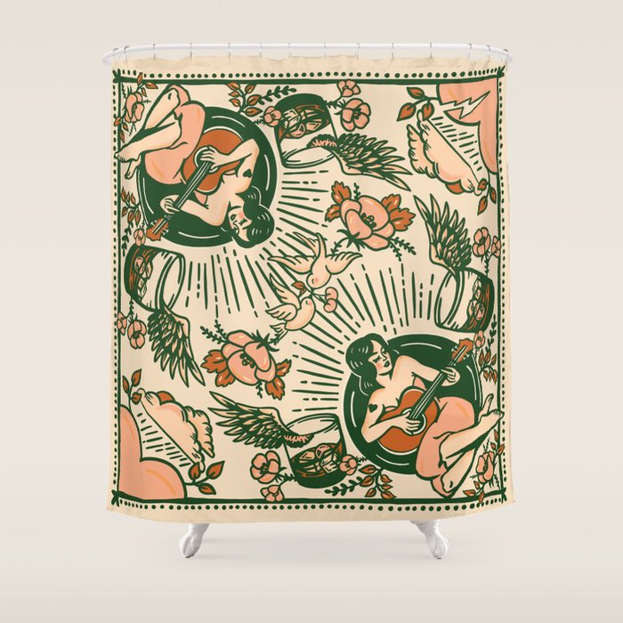 Whiskey & Lyrics Pattern Featuring A Pinup Girl Playing Guitar, Peach Cream Version Shower Curtain Gallery Image 1