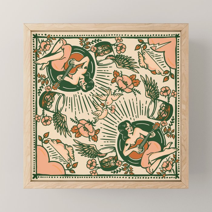 Whiskey & Lyrics Pattern Featuring A Pinup Girl Playing Guitar, Peach Cream Version Mini Art Print Gallery Image 1
