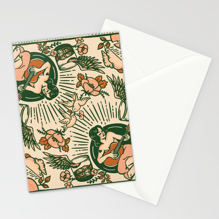 Whiskey & Lyrics Pattern Featuring A Pinup Girl Playing Guitar, Peach Cream Version Stationery Card Gallery Image 2