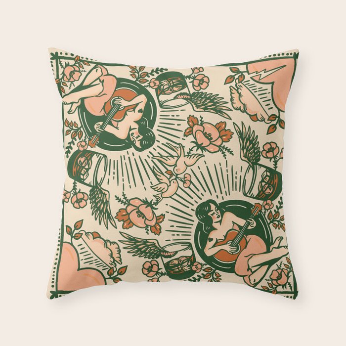 Whiskey & Lyrics Pattern Featuring A Pinup Girl Playing Guitar, Peach Cream Version Throw Pillow Gallery Image 1