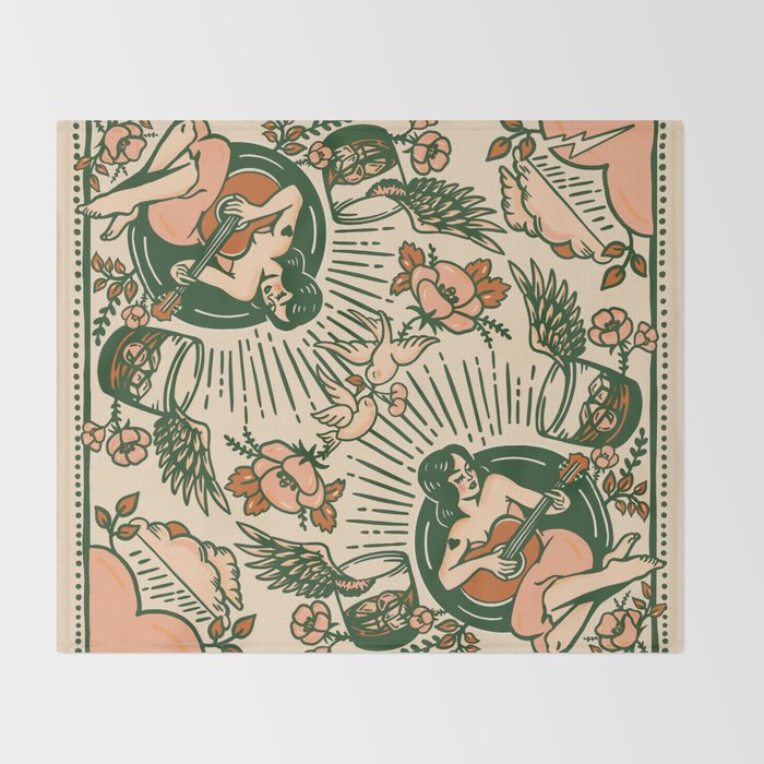 Whiskey & Lyrics Pattern Featuring A Pinup Girl Playing Guitar, Peach Cream Version Throw Blanket Gallery Image 2