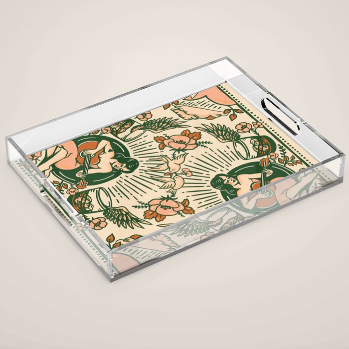 Whiskey & Lyrics Pattern Featuring A Pinup Girl Playing Guitar, Peach Cream Version Acrylic Tray Gallery Image 1