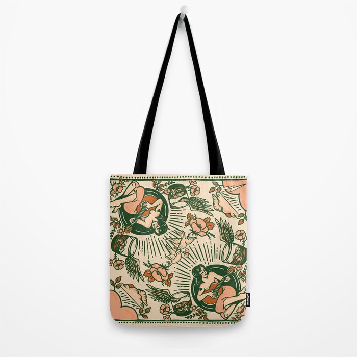 Whiskey & Lyrics Pattern Featuring A Pinup Girl Playing Guitar, Peach Cream Version Tote Bag Gallery Image 2