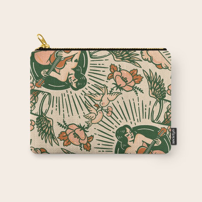 Whiskey & Lyrics Pattern Featuring A Pinup Girl Playing Guitar, Peach Cream Version Carry All Pouch Gallery Image 1