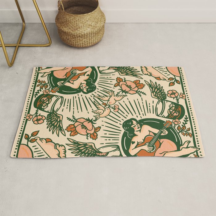 Whiskey & Lyrics Pattern Featuring A Pinup Girl Playing Guitar, Peach Cream Version Rug Gallery Image 1