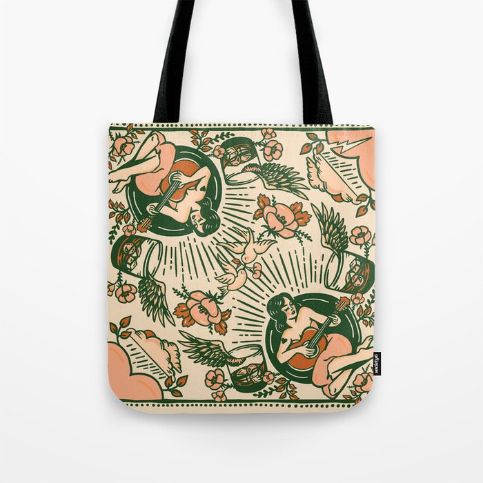 Whiskey & Lyrics Pattern Featuring A Pinup Girl Playing Guitar, Peach Cream Version Tote Bag Gallery Image 1