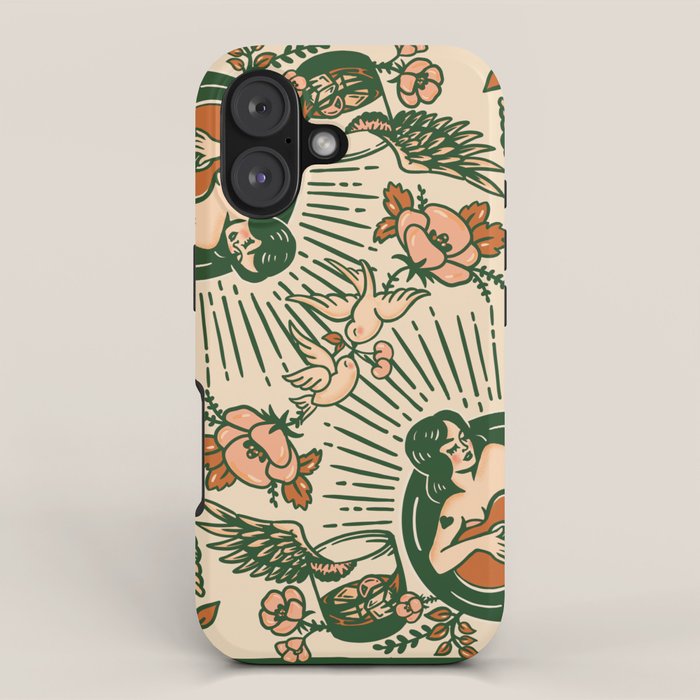 Whiskey & Lyrics Pattern Featuring A Pinup Girl Playing Guitar, Peach Cream Version iPhone Case Gallery Image 1