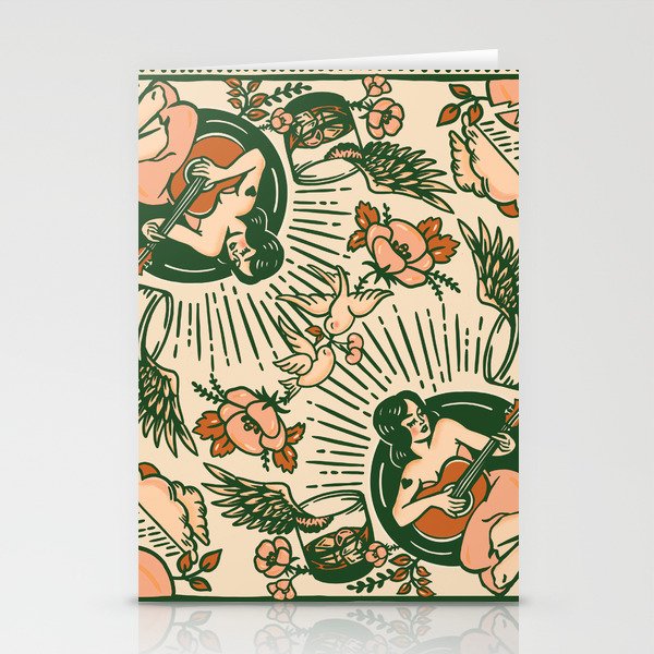 Whiskey & Lyrics Pattern Featuring A Pinup Girl Playing Guitar, Peach Cream Version Stationery Card Gallery Image 2