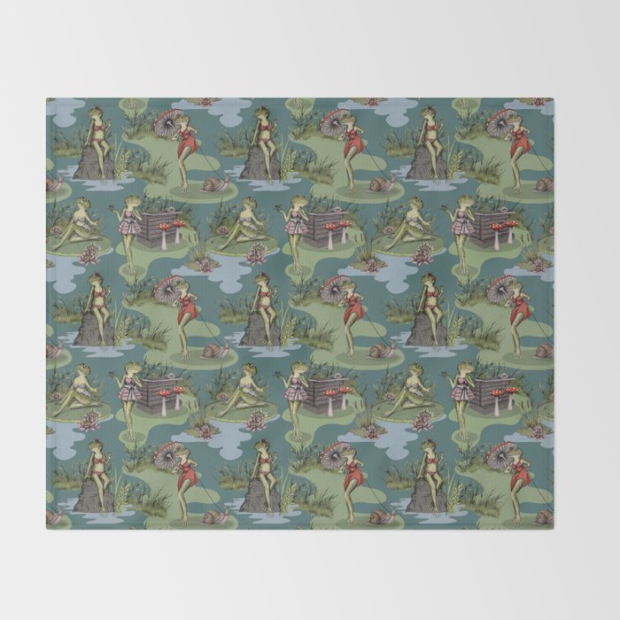 Vintage Pin-Up Girl Frogs Throw Blanket Gallery Image 2