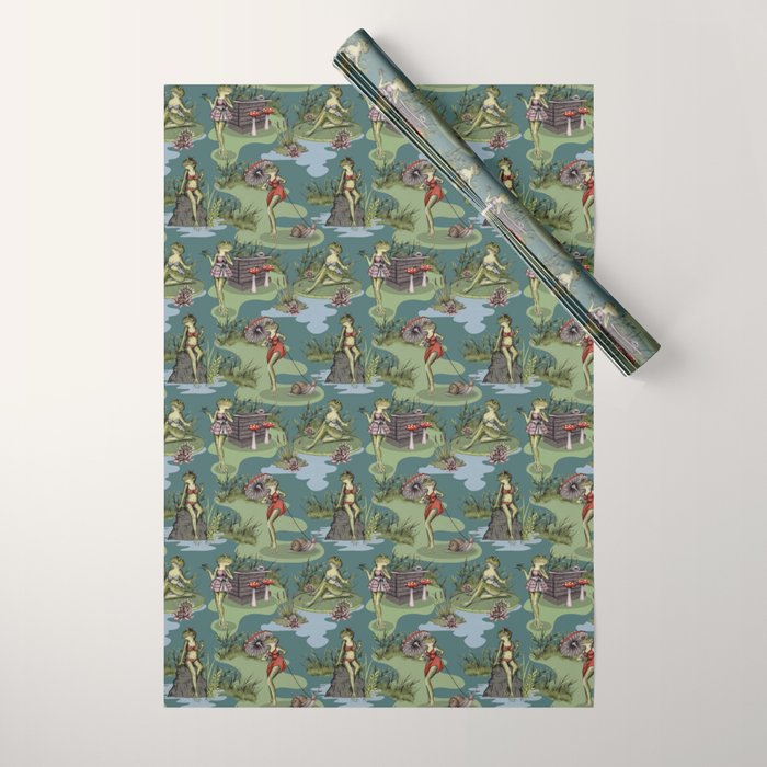 Vintage Pin-Up Girl Frogs Wrapping Paper Gallery Image 1