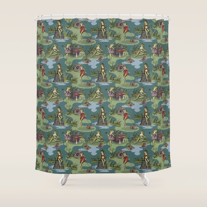 Vintage Pin-Up Girl Frogs Shower Curtain Gallery Image 1