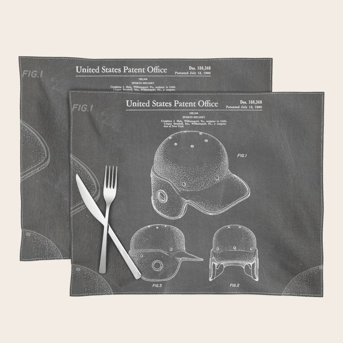 Baseball Helmet Patent - Baseball Player Art - Black Chalkboard Placemat Gallery Image 1